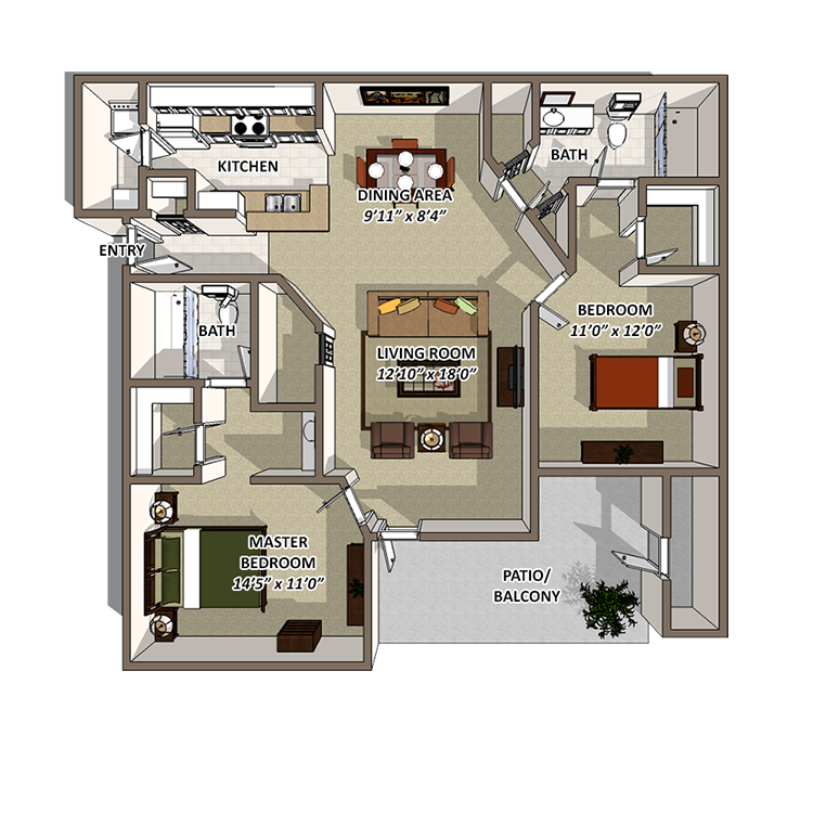 2 Bedroom Floor Plan at The Resort At Lake Crossing Apartments, PRG Real Estate, Lexington